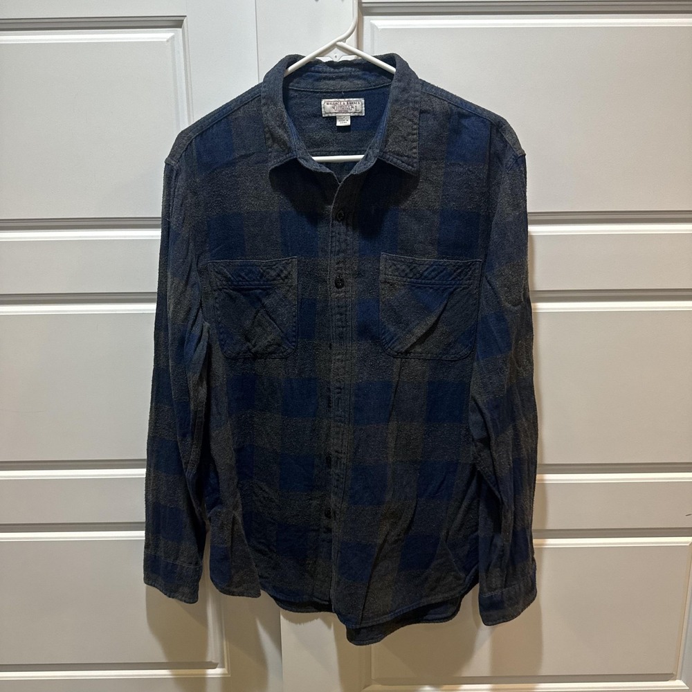 Wallace & Barnes Shirt Mens Large Blue Gray Plaid Flannel Long Sleeve Button Up - Picture 2 of 7